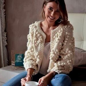 Chicwish Knit Your Love Ivory Heart Shape Pompoms Chunky Knit Cardigan Sweater S